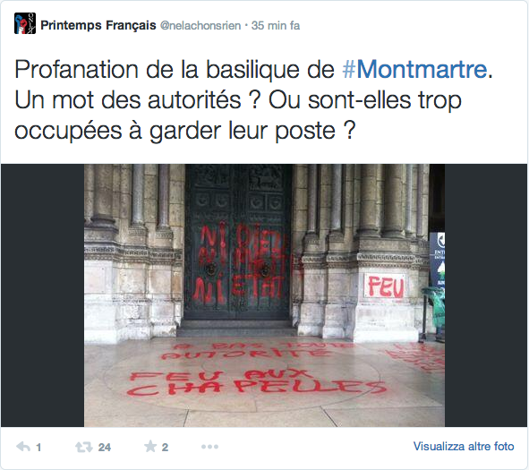 Parigi. Profanazione della Basilica del Sacro Cuore di Montmartre. «Fuoco alle cappelle»