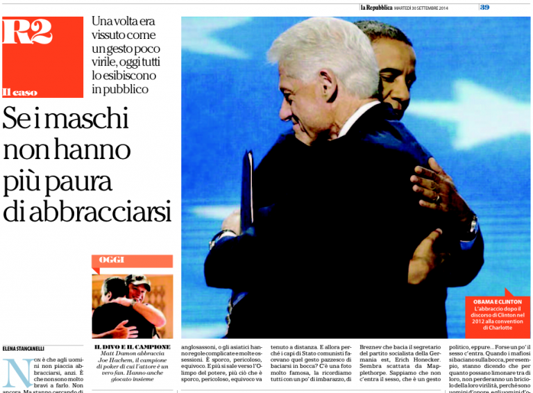 Sesso&abbracci fra maschi su Repubblica. C’è qualcuno che ha più fissazioni represse di quel moralistone del Correttore di bozze