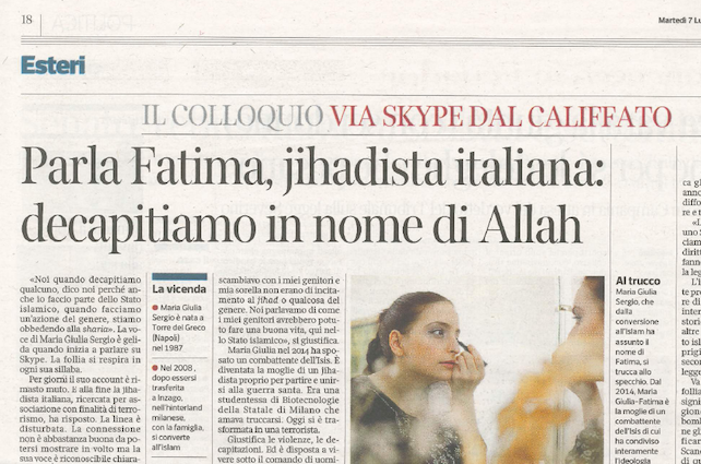 Intervistare Fatima, jihadista italiana, e sentire la necessità di precisare che «islam significa pace»