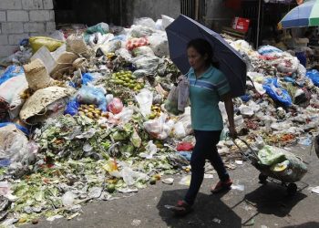 epa03731473 A Filipino pulling a small shopping trolley of vegetables walks past spoiled produce dumped at a lot behind a public market in Quezon City, east of Manila, Philippines 05 June 2013. To mark World Environment Day, United Nations Secretary-General Ban Ki-moon called for measures to address loss and waste in food systems as part of efforts to combat hunger. According to the UN Food and Agriculture Organization (FAO), 1.3 billion tons of food are wasted, and one-third of global food production is either wasted or lost.  EPA/ROLEX DELA PENA