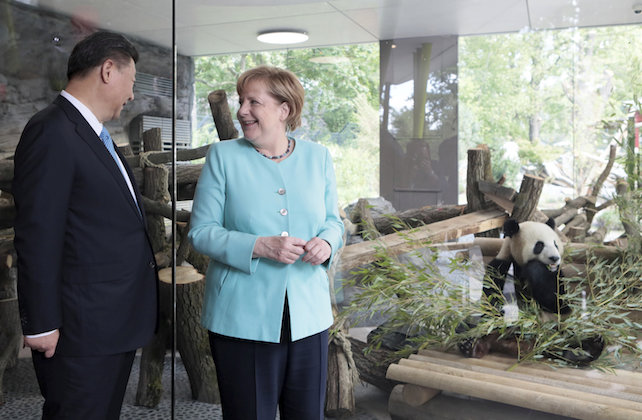 German Chancellor Angela Merkel and Chinese President Xi Jinping, left, attend a welcome ceremony for Chinese panda bears Meng Meng and Jiao Qing at the Zoo in Berlin, Germany, Wednesday, July 5, 2017. (Axel Schmidt/pool photo via AP)