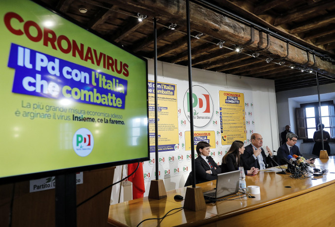 Debora Serracchiani, Anna Ascani, Nicola Zingaretti, Andrea Orlando alla conferenza del Pd sull'emergenza coronavirus