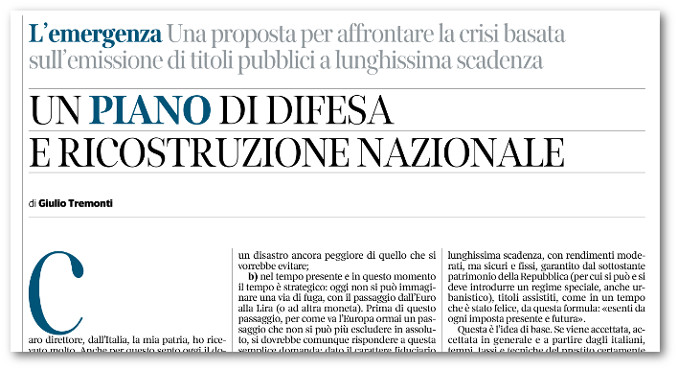 Il piano di Tremonti per la difesa e la ricostruzione nazionale sul Corriere della Sera