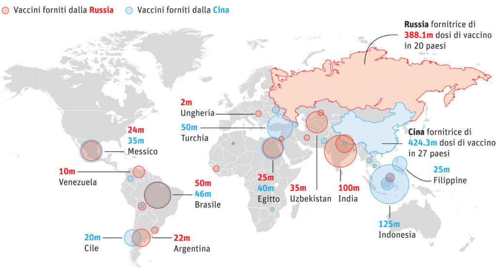 Mappa dei vaccini anti Covid distribuiti nel mondo da Russia e Cina