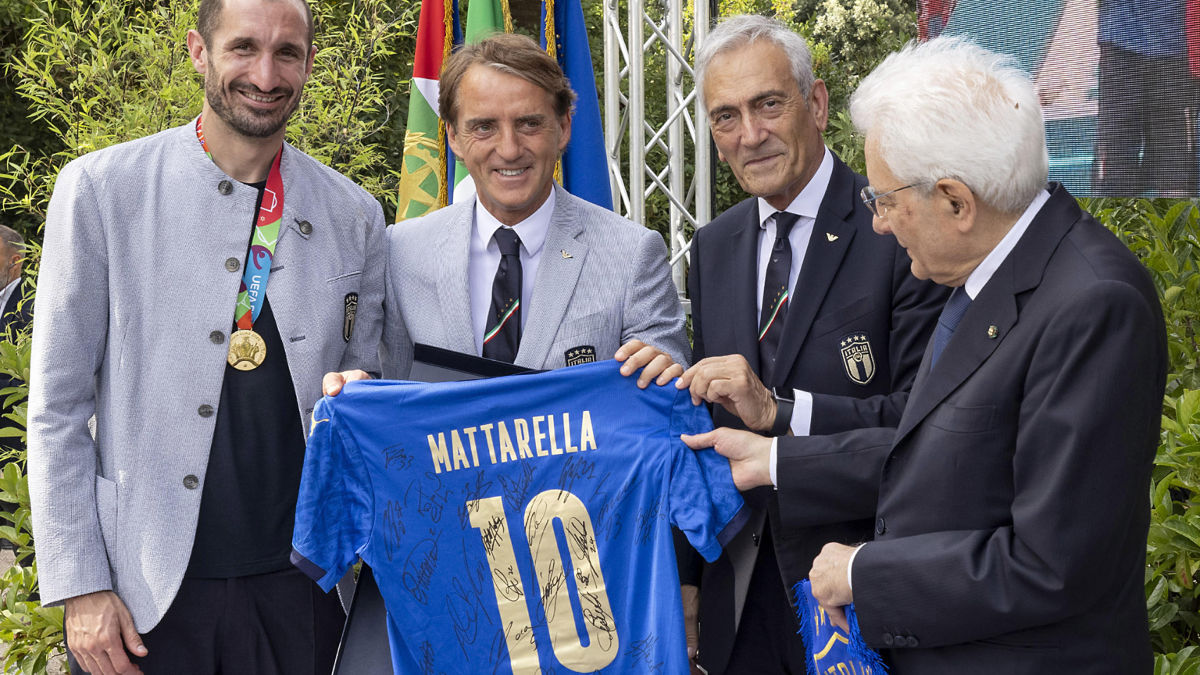 Giorgio Chiellini, Roberto Mancini, Gabriele Gravina, Sergio Mattarella