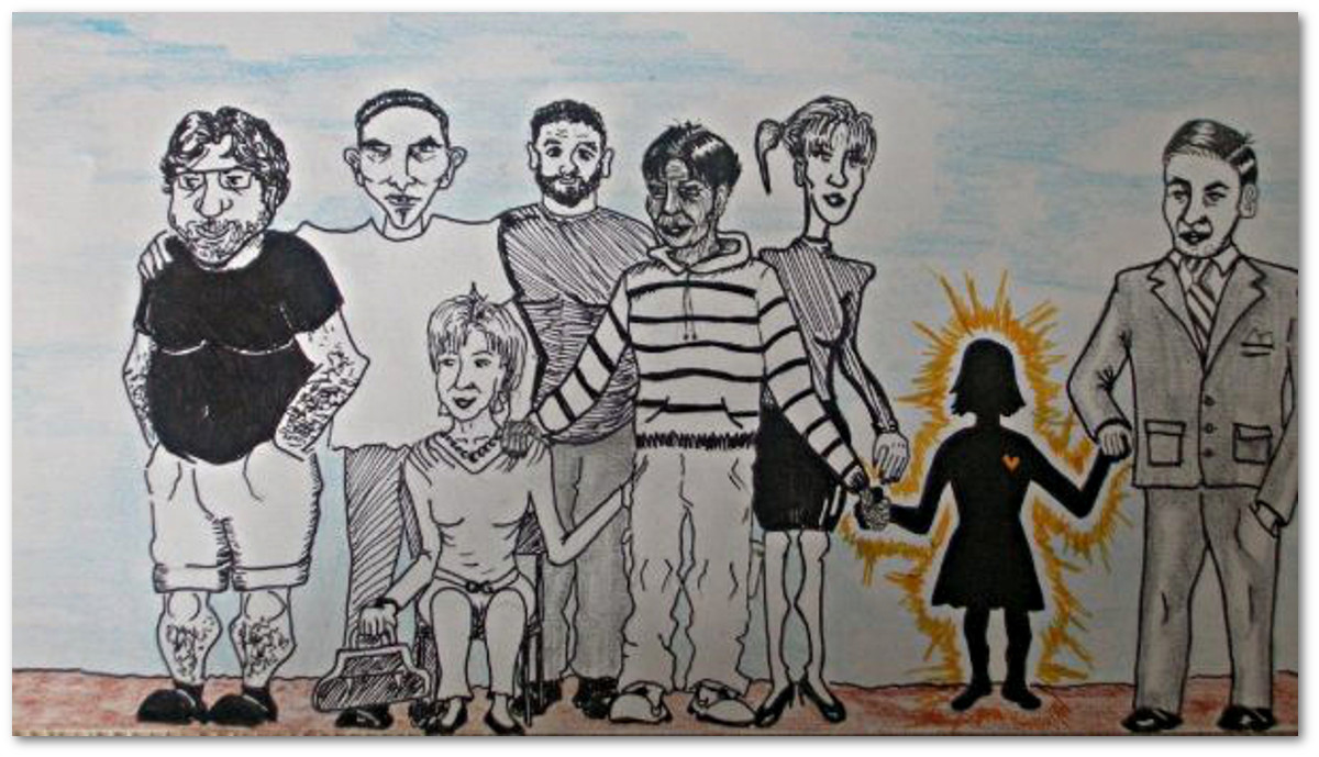 Foto di gruppo con gli amici volontari dell'associazione Incontro e Presenza disegnata dal detenuto Ivan Maria