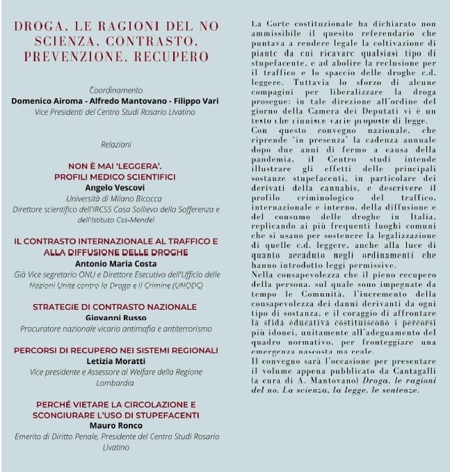 “Droga, le ragioni del no. Scienza, prevenzione, contrasto, recupero“