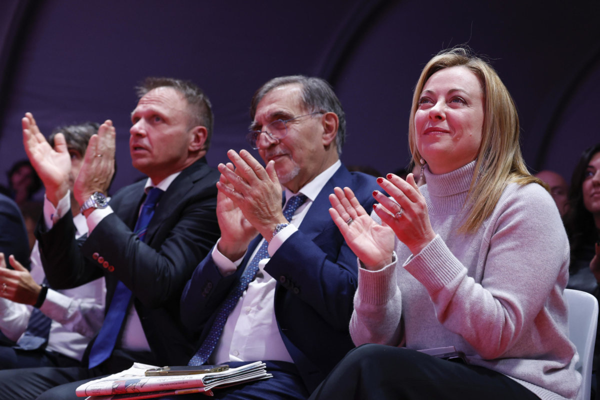 Francesco Lollobrigida, Ignazio La Russa e Giorgia Meloni alla festa a Roma per il decimo anniversario della nascita di Fratelli d’Italia