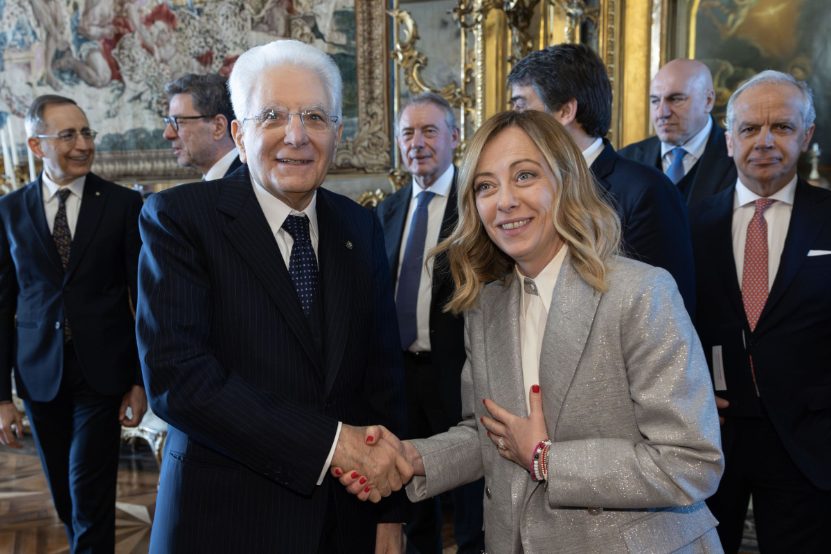 La premier Giorgia Meloni ospite del presidente della Repubblica Sergio Mattarella con i ministri del suo governo in vista del Consiglio europeo, 20 marzo 2024